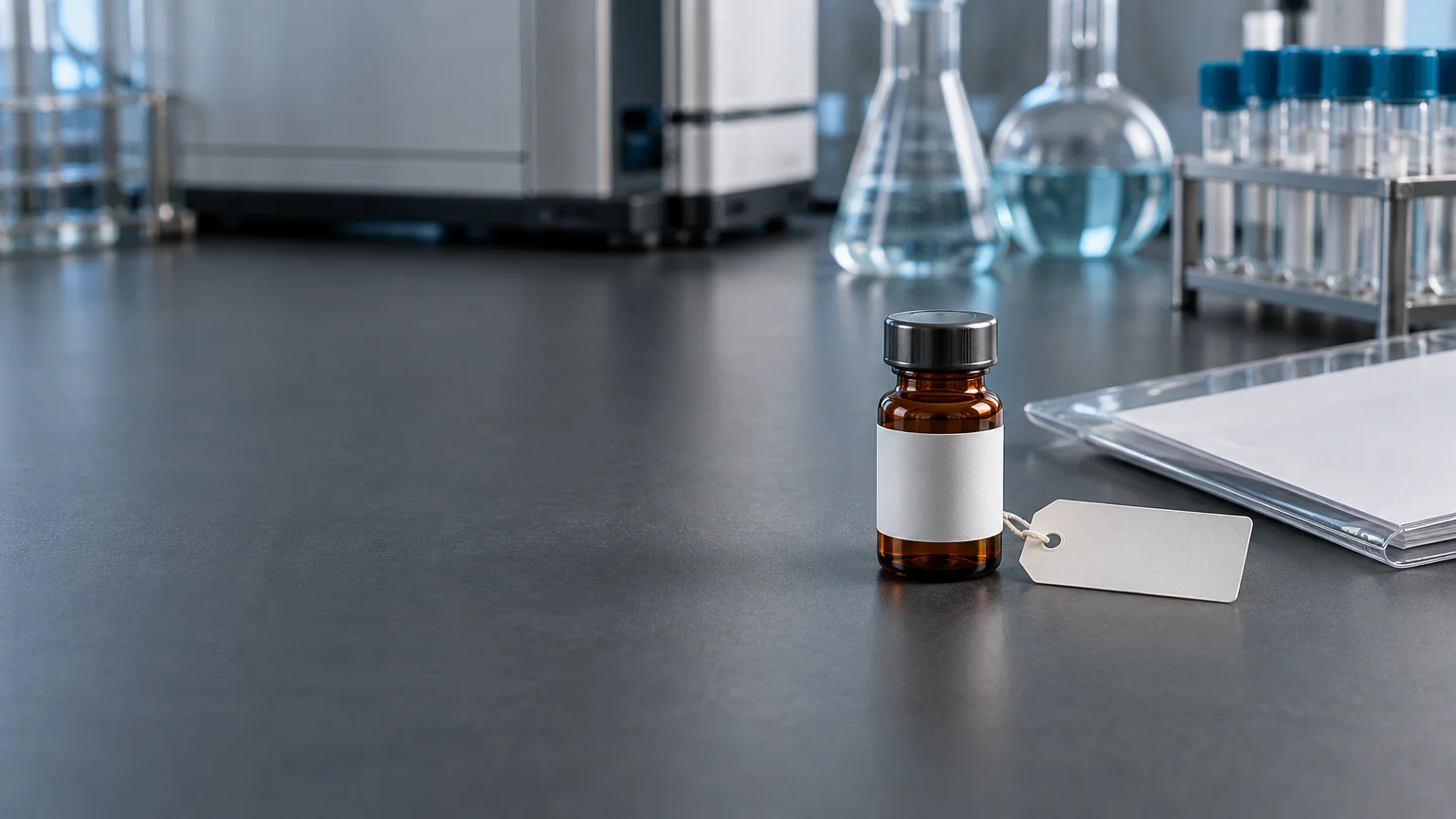 Unlabeled amber laboratory vial with a blank white tag on a dark bench, with glass flasks, capped sample tubes, and a clear document sleeve in the background.