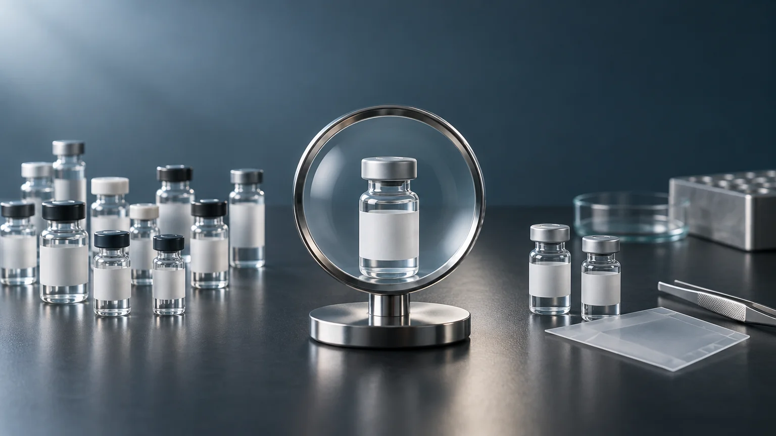 Editorial laboratory still life with numerous clear, blank-labeled sample vials on a dark bench, one vial enlarged through a metal magnifying glass, and tweezers, a glass dish, and a translucent slide nearby.