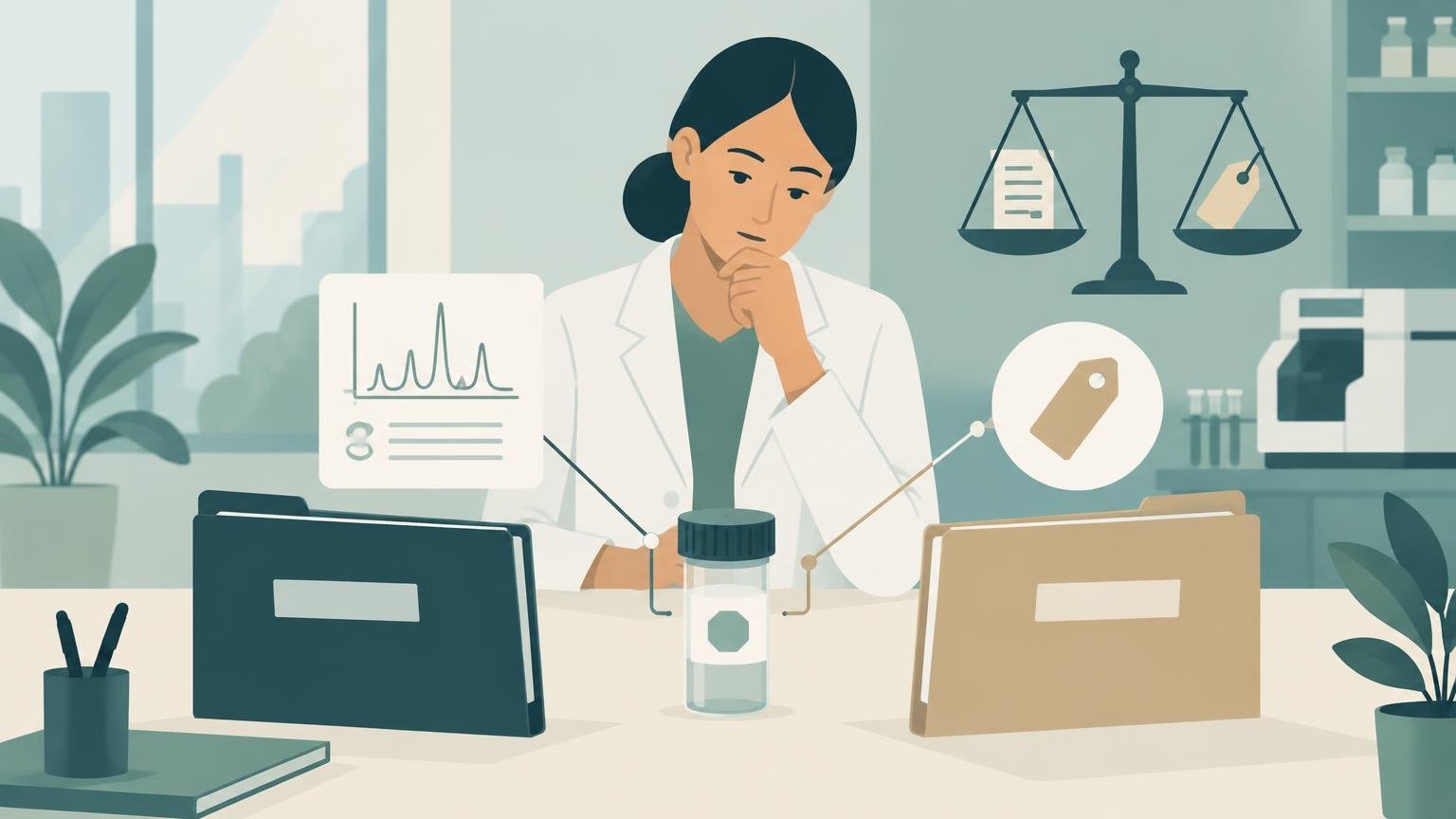 Flat editorial illustration of a lab professional reviewing a chart beside a sample vial, folders, a price tag icon, and a balance scale in a muted teal and beige laboratory setting.