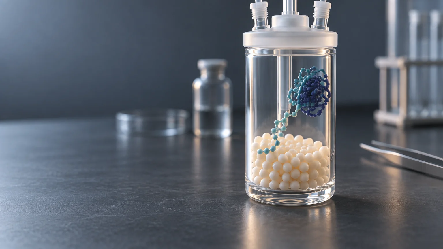 Stylized laboratory still life showing a clear capped glass vessel filled with pale resin-like beads and a teal-and-purple bead-chain form suspended inside, on a dark bench with blurred glassware and tweezers behind it.