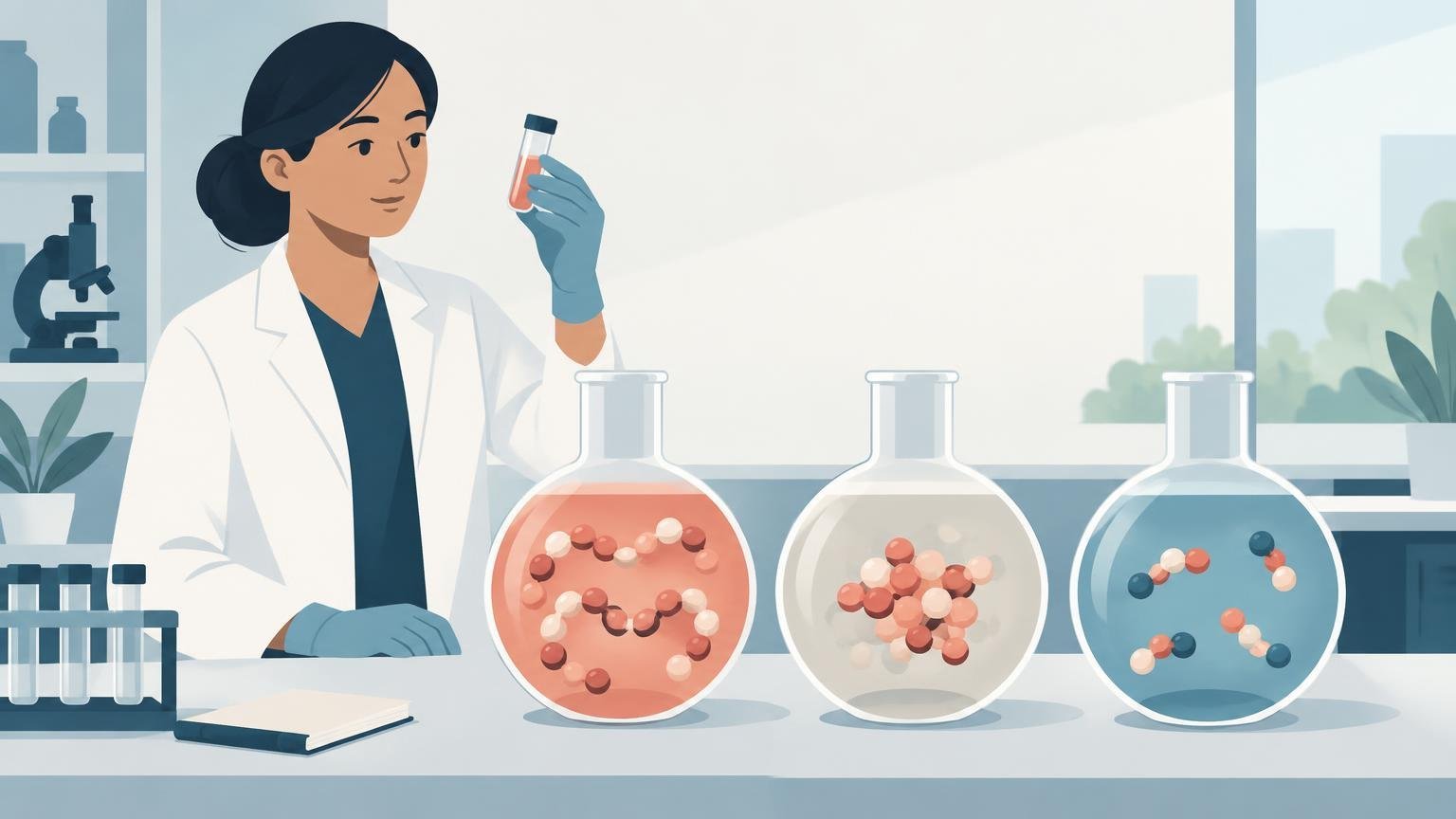 Flat editorial illustration of a scientist in a lab coat holding a small vial beside three large round flasks containing differently arranged colorful molecular models.
