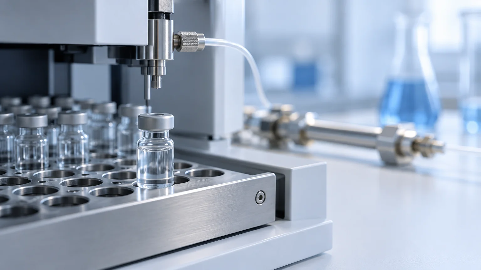 Close view of an unbranded laboratory autosampler with a clear vial in a metal sample tray, tubing overhead, and blurred glassware and metal hardware on a pale blue work surface.