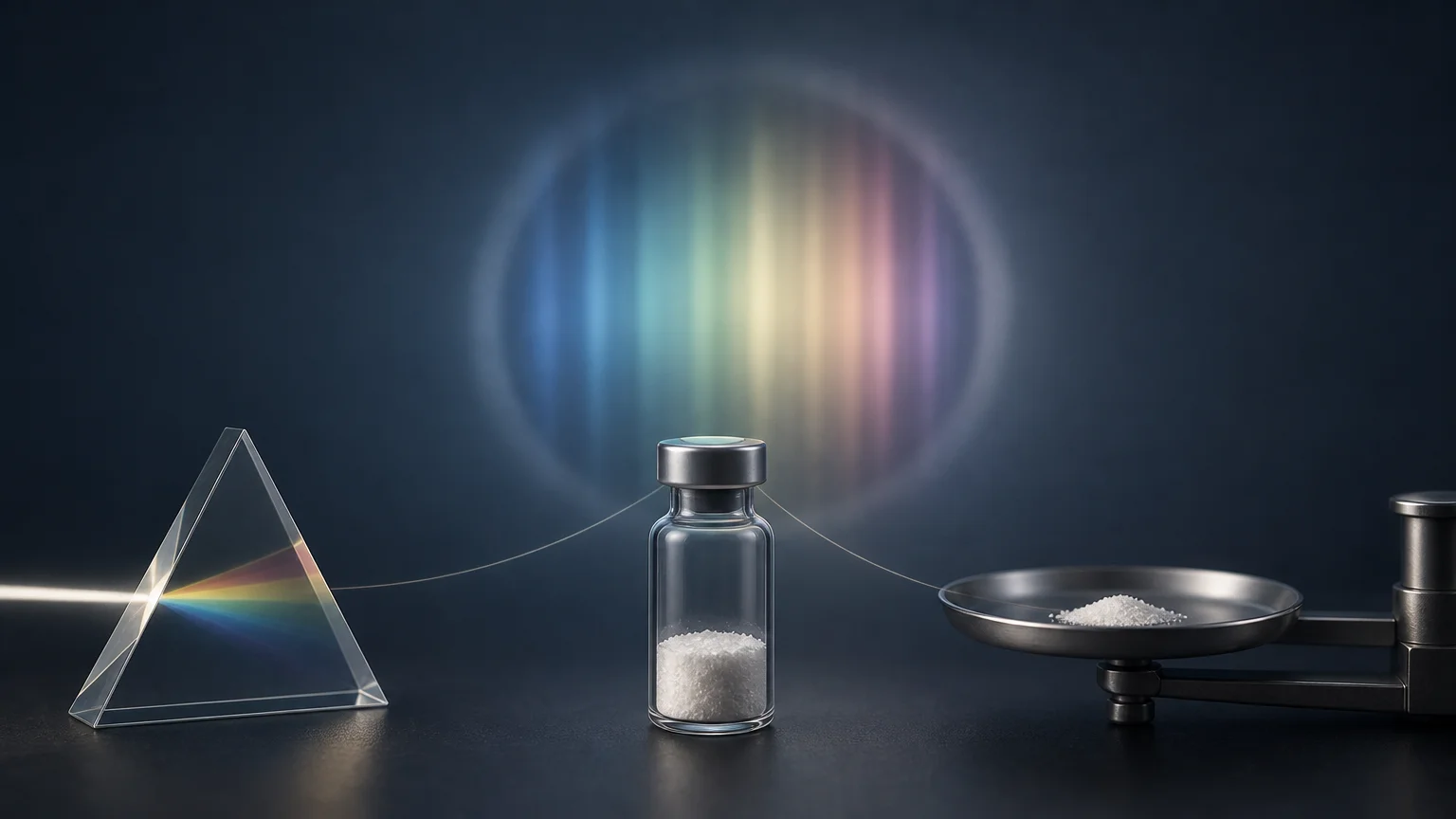 Scientific illustration of a prism splitting light into a spectrum beside an unlabelled vial of white powder and a balance holding a small powder sample.