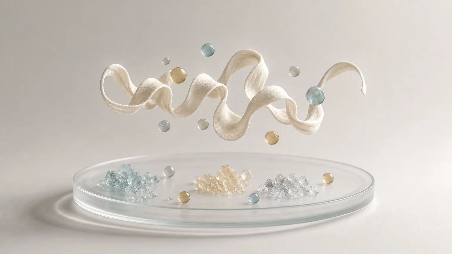 Minimal scientific illustration of a pale ribbon-like peptide strand floating above a clear petri dish with small blue, gold, and transparent spheres and crystal-like granules.