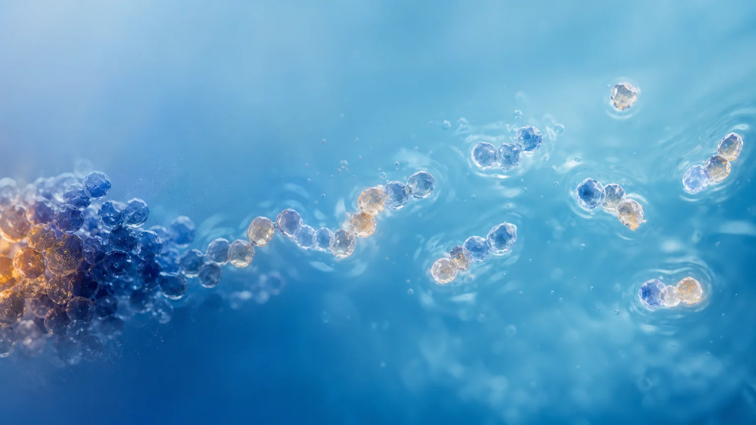 Scientific illustration of translucent bead-like molecular chains dispersing from a dark clustered mass into blue water, with small bubbles and ripples.