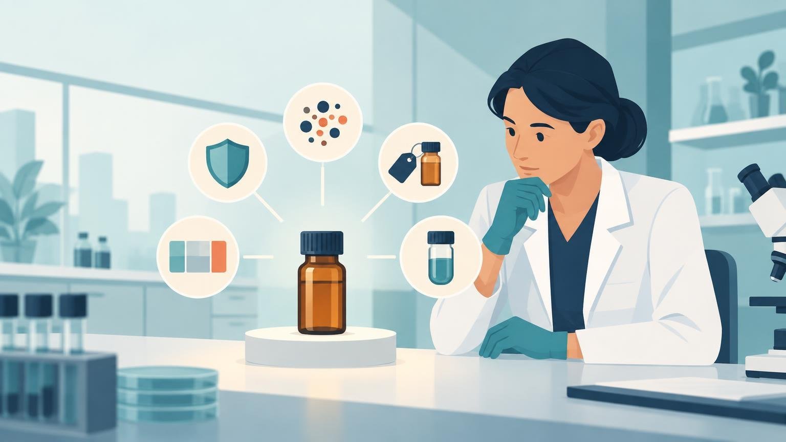 Flat editorial illustration of a lab scientist in a white coat examining an amber vial, with connected icons for a shield, molecular dots, a color chart, a tagged bottle, and a small sample vial.