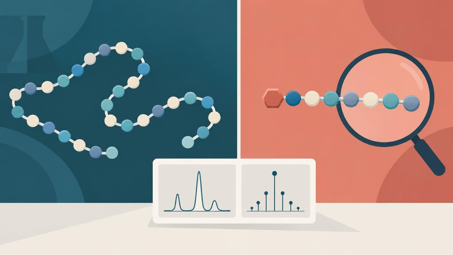 Flat editorial illustration comparing a long chain of colored molecular beads on a teal background with a shorter bead chain under a magnifying glass on a coral background; a small panel below shows two simplified analytical charts.