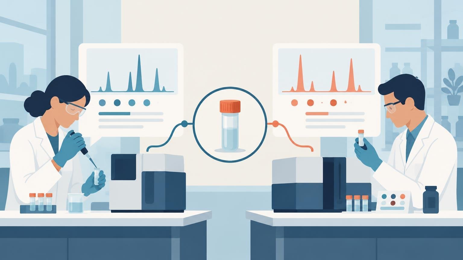 Flat editorial illustration of two laboratory scientists testing sample vials beside separate instruments and blue and orange chromatogram displays, with one central sample tube linked to both results.