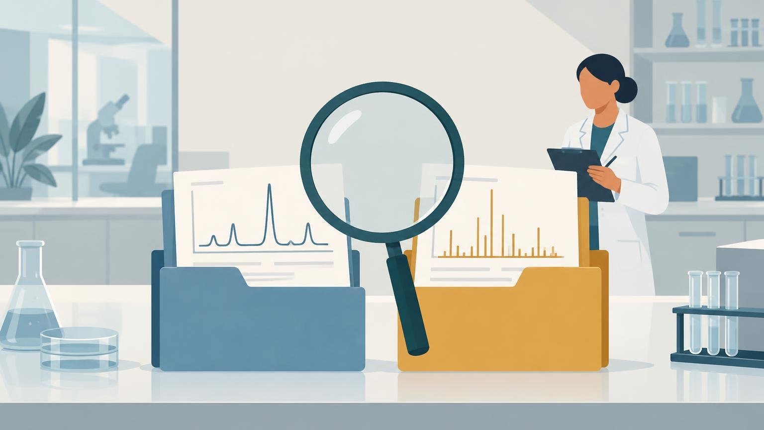 Flat editorial illustration of a laboratory researcher holding a clipboard beside folders, analytical chart printouts, a large magnifying glass, glassware, and test tubes.