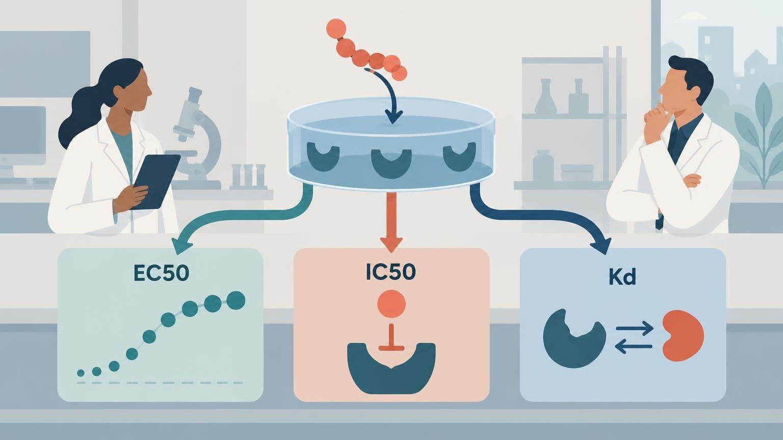 Flat editorial illustration of two laboratory researchers beside a large receptor-binding diagram, with three labeled panels for EC50, IC50, and Kd showing a dose-response curve, inhibition symbol, and binding interaction.