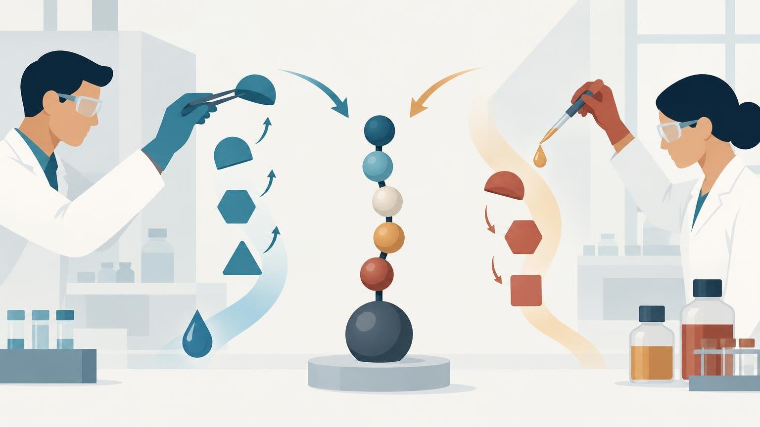 Wide flat-style laboratory illustration of two scientists in white coats working from opposite sides toward a central vertical molecular model, with blue and orange reaction arrows, geometric chemical shapes, bottles, and a pipette.