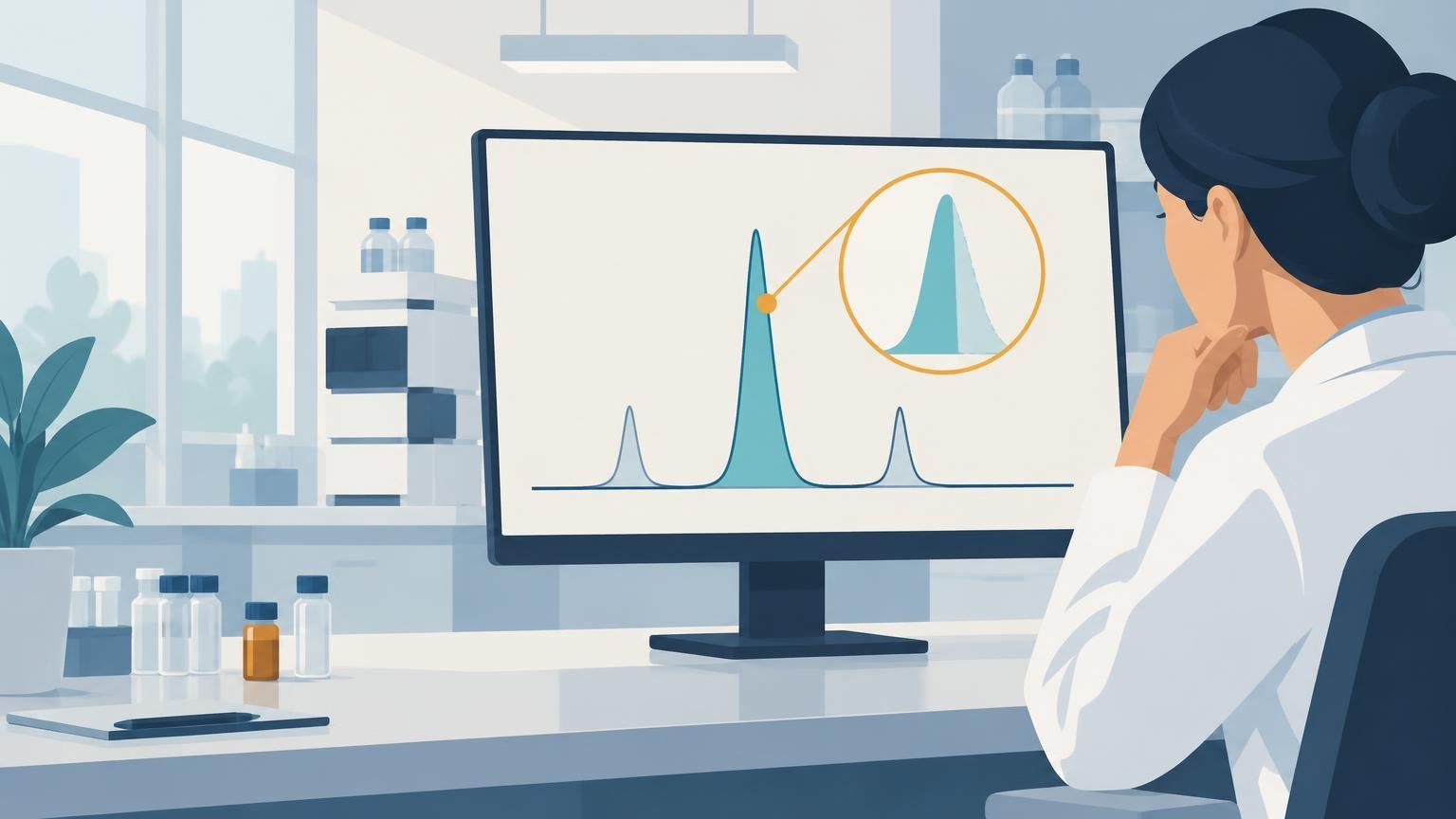Editorial laboratory illustration of a scientist in a white coat viewing a monitor with a chromatogram-like graph showing three peaks, including one tall teal peak highlighted by an orange circular callout.