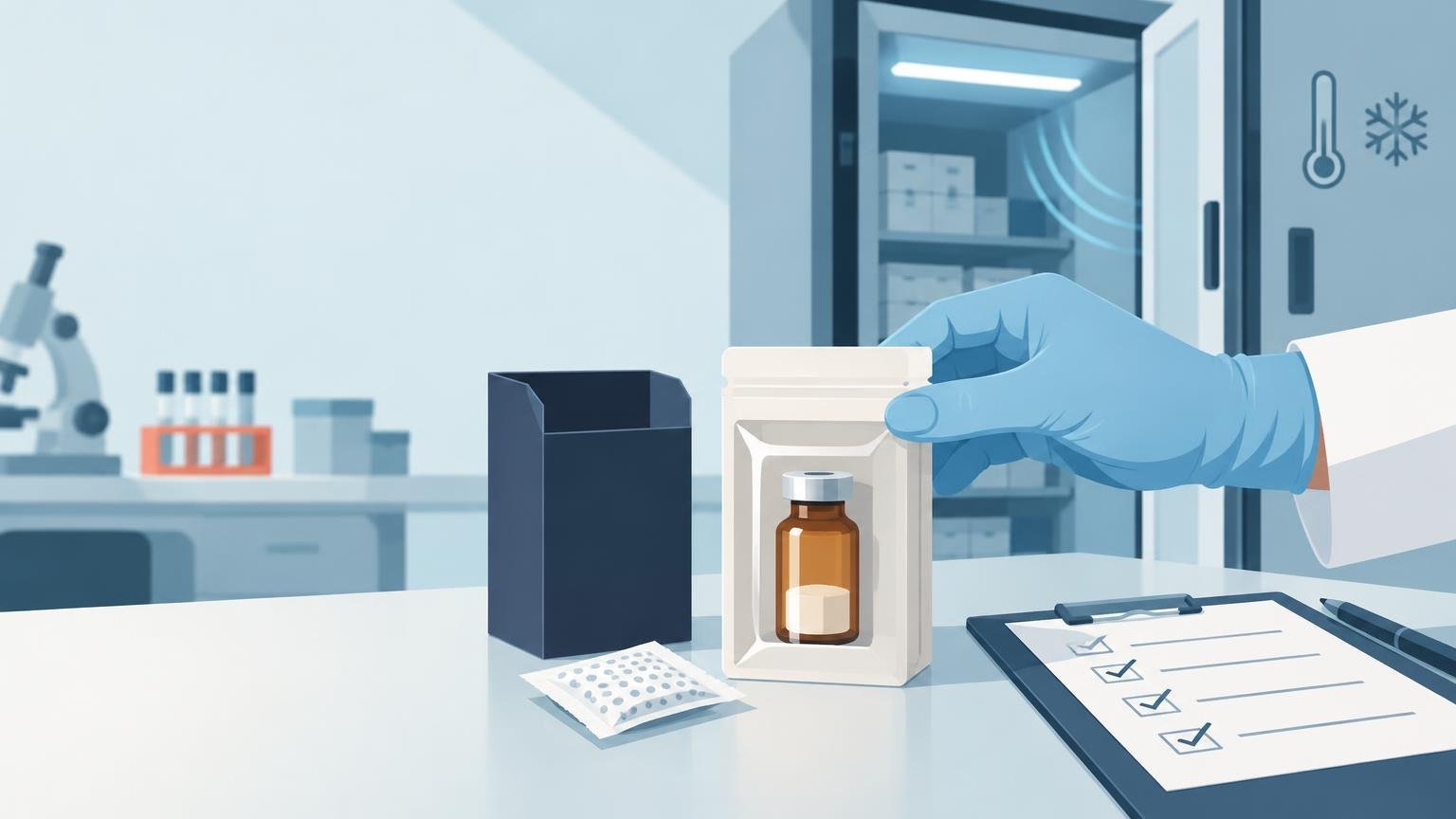 Illustration of a gloved hand placing an amber vial in an open carton beside a desiccant packet, checklist, and laboratory cold-storage cabinet marked with thermometer and snowflake symbols.
