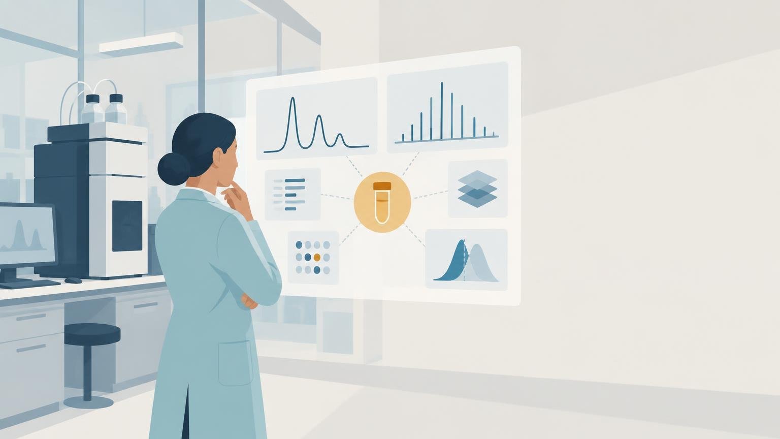 Flat editorial illustration of a scientist in a laboratory viewing a large panel with simplified chromatogram peaks, mass-spectrum-like bars, layered data shapes, dot patterns, and a central test tube icon.