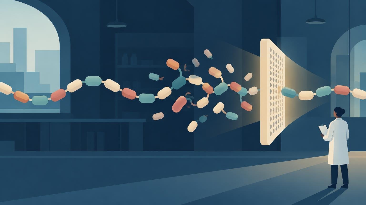 Flat editorial illustration of a laboratory scientist observing a colorful linked peptide chain that breaks into scattered pieces as it passes through a perforated filter panel, then continues on the other side.