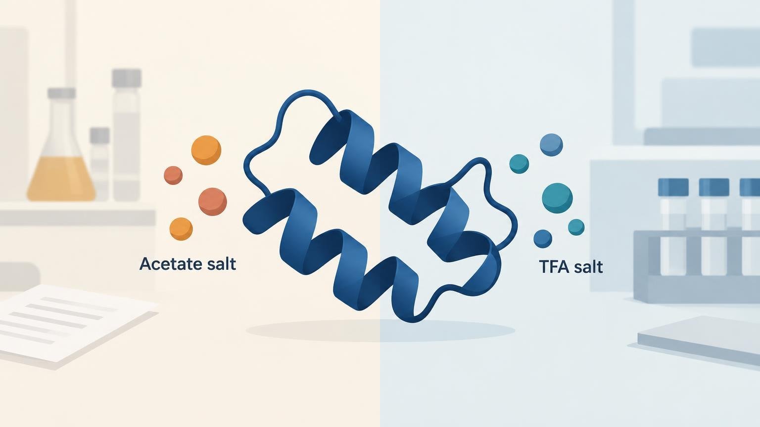 Editorial laboratory illustration showing a blue coiled peptide ribbon between orange particles labeled “Acetate salt” and teal-blue particles labeled “TFA salt,” with blurred glassware and vials in the background.