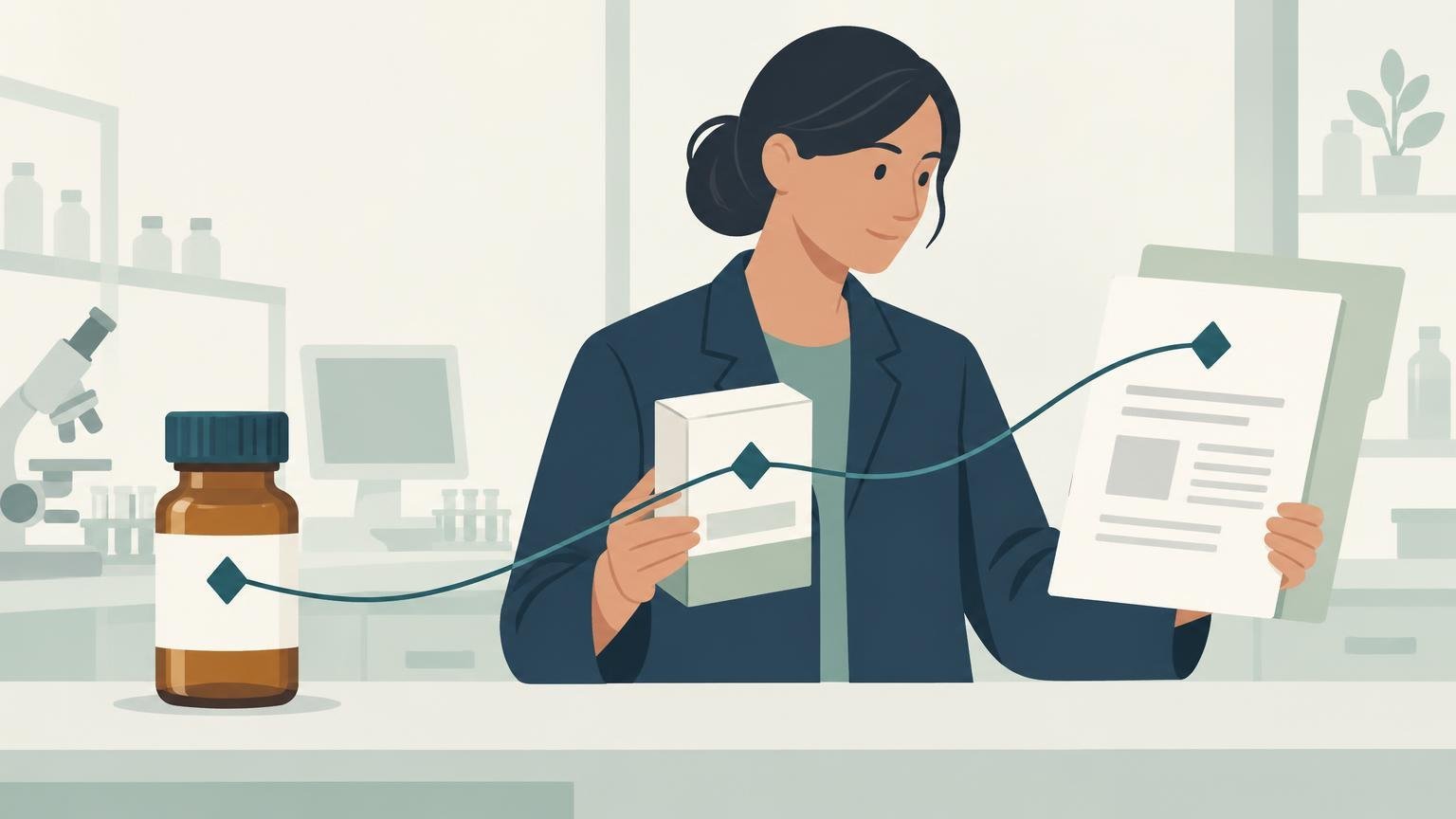 Flat editorial illustration of a laboratory professional holding a small product box and a report beside an amber vial, with a curved line and matching diamond markers visually linking the vial, box, and document.