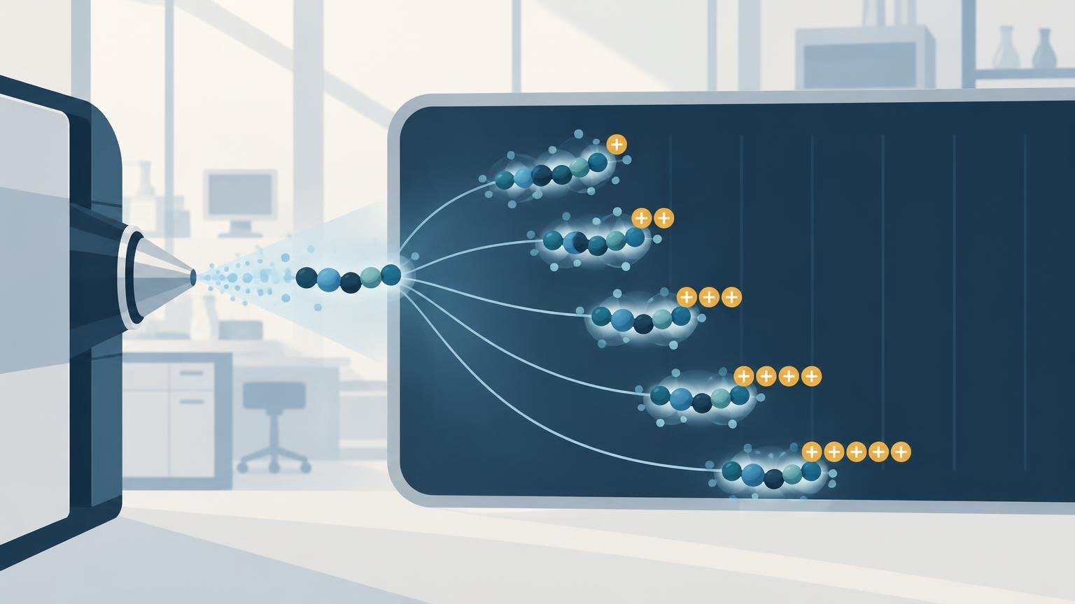 Wide laboratory illustration showing a peptide-like chain entering a mass spectrometer and splitting into five glowing ion groups on a dark display, each marked with increasing yellow plus signs.