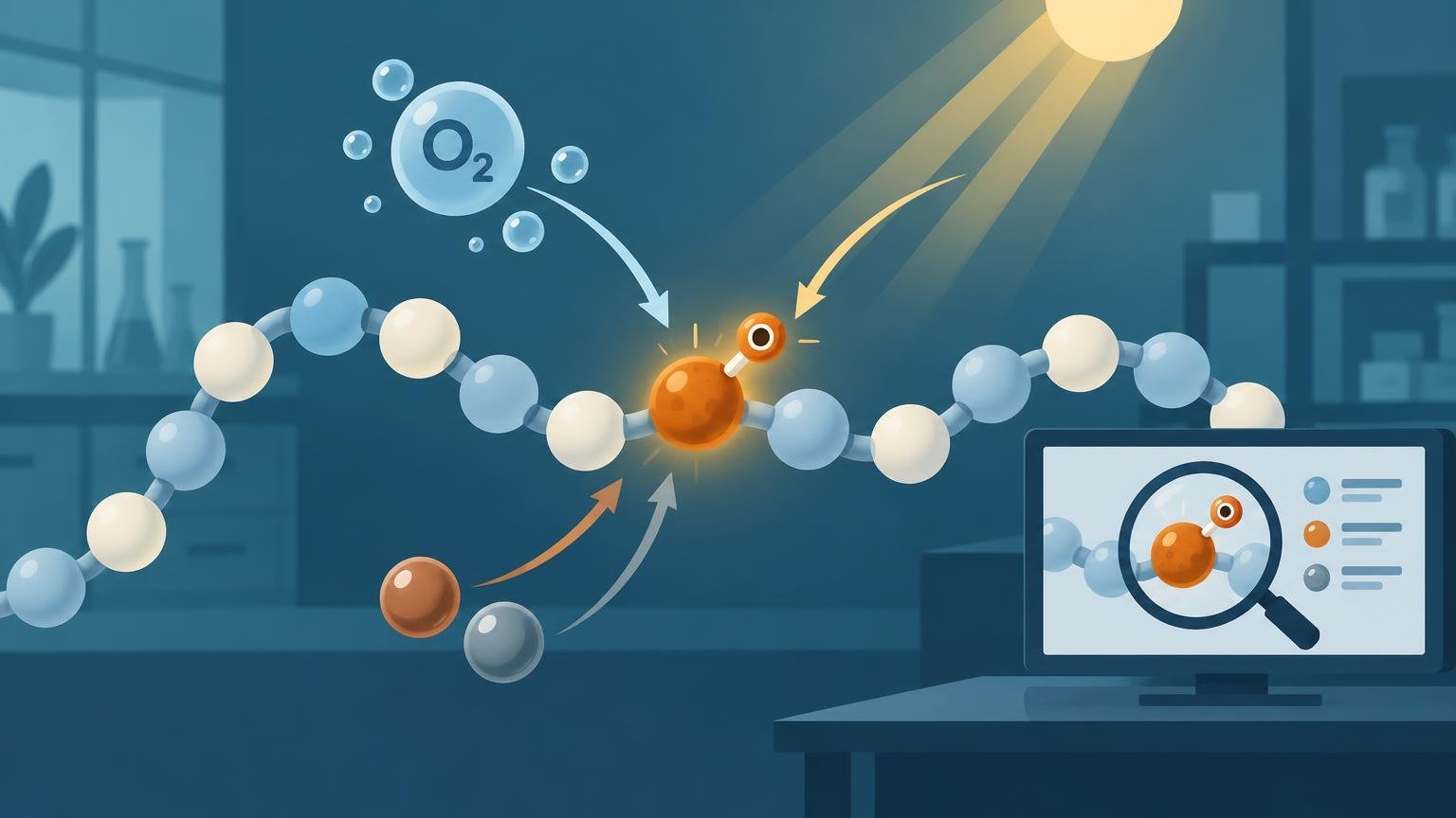 Illustration of a peptide-like chain with a highlighted orange oxidized site, oxygen bubbles labeled “O₂,” arrows, sunlight, metal-like spheres, and a computer screen showing molecular analysis in a laboratory.